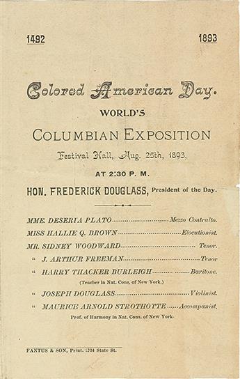 (SLAVERY AND ABOLITION--DOUGLASS, FREDERICK.) Program for the Colored American Day. Worlds Columbian Exposition, Festival Hall.